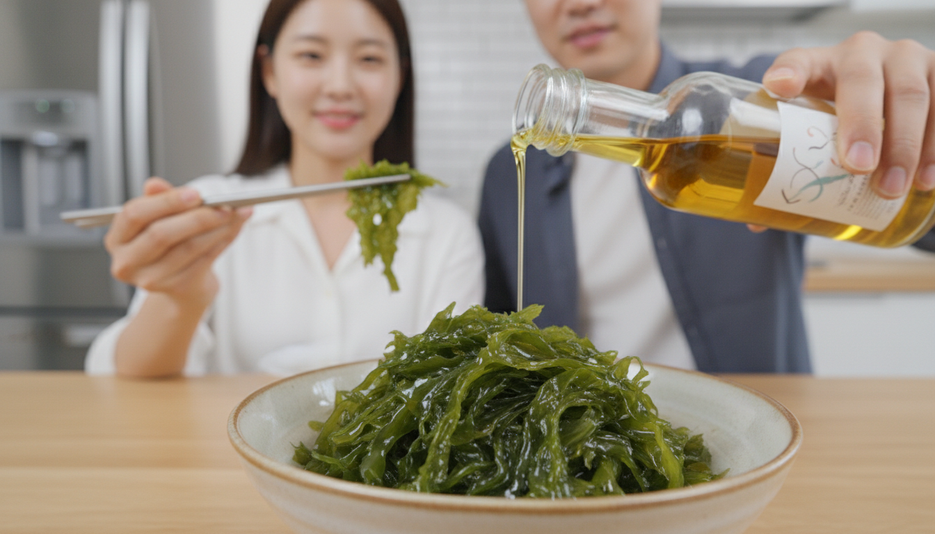 고소한 들기름이 뿌려진 신선한 초록색 청각 해조류가 담긴 작은 그릇의 클로즈업 사진.