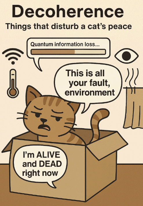 디코히런스: ‘Decoherence, Things that disturb a cat’s peace’라는 문구와 함께 상자 속 고양이가 ‘I’m alive and dead right now’, ‘This is all your fault, environment’라고 말하는 장면이 담긴 이미지. 이 이미지는 디코히런스(quantum decoherence)가 양자 정보 소실과 환경 간섭을 설명하는 개념을 시각적으로 표현하며, 블로그 글 ‘디코히런스란 무엇인가?’의 주제를 설명함 (quantum decoherence, cat meme, Schrödinger’s cat).