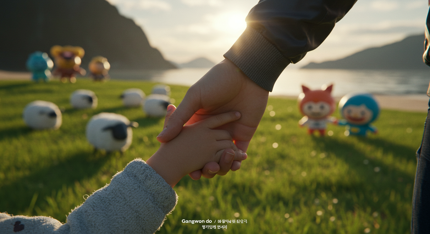 강원도 여행 후 아이와 손을 잡고 행복한 추억을 회상하는 모습