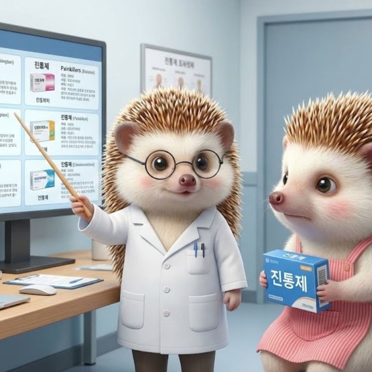 진통제 성분에 대한 자세한 설명을 듣고 있는 도치씨의 모습
