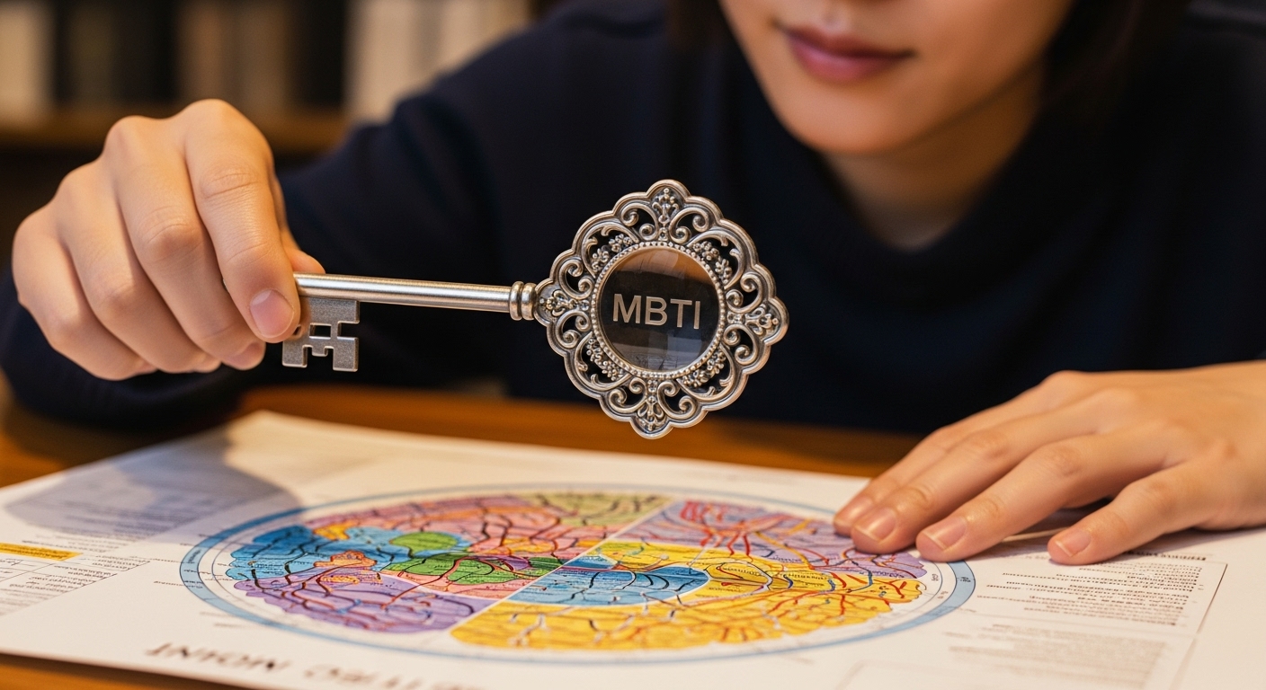 한 사람이 MBTI라고 쓰인 열쇠를 자물쇠가 아닌 돋보기처럼 사용하여 뇌 지도를 들여다보고 있다. MBTI를 정답이 아닌 이해의 도구로 활용하는 모습을 상징한다.