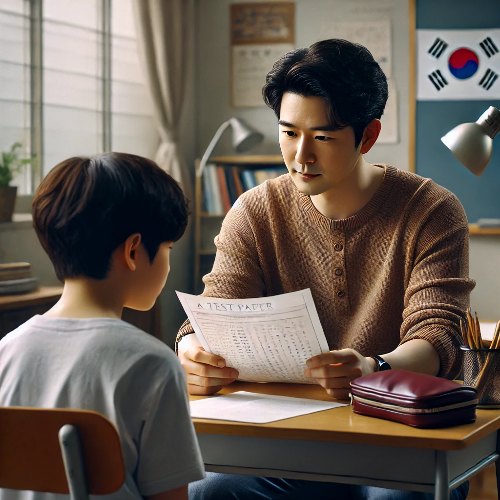 교실에서 학생과 함께 시험지를 검토하며 이해를 돕는 선생님