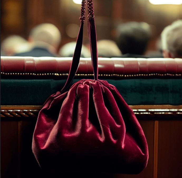 의자에 걸려있는 벨벳 가방(made by Bing)