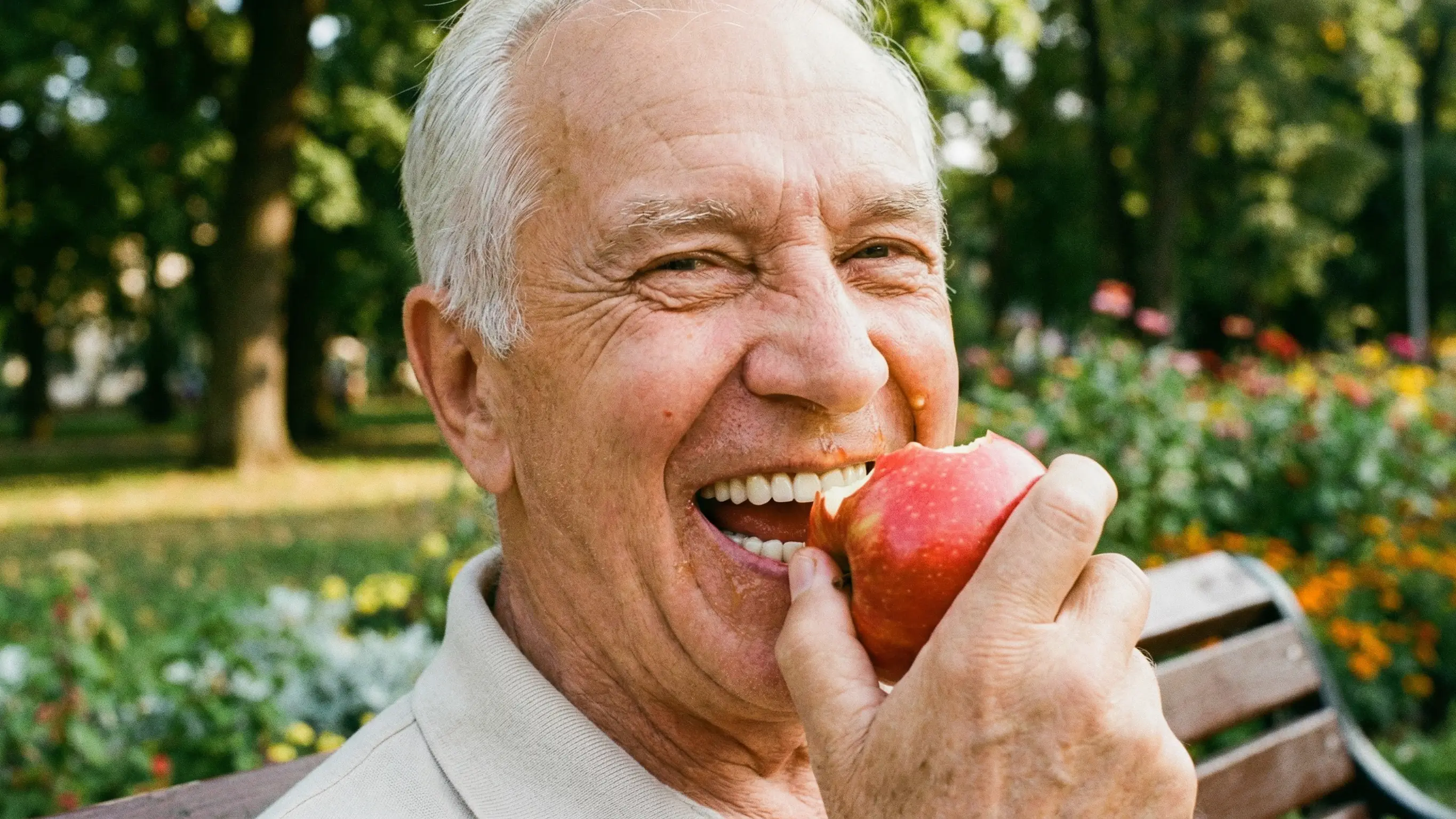 임플란트 시술 후 튼튼한 치아로 사과를 한 입 베어 물며 행복해하는 어르신의 모습