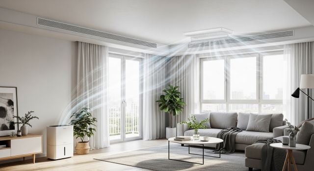 현대 아파트 거실에서 스마트 제습기와 환기 시스템으로 실내 습기를 제거하고 곰팡이를 예방하는 쾌적한 환경