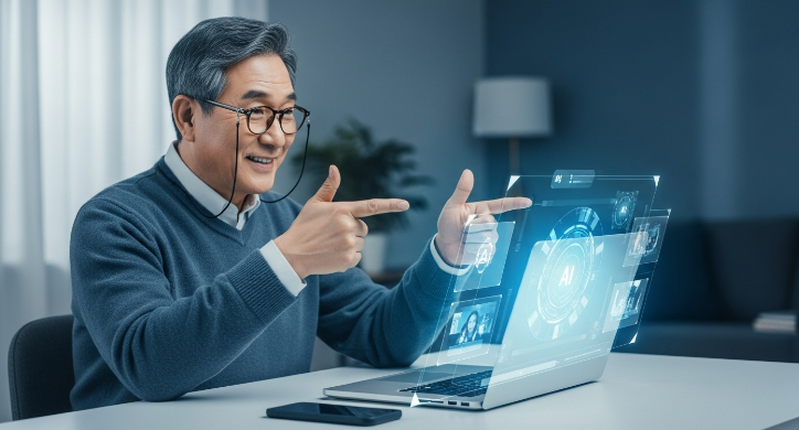 안경 쓴 50대 남성이 노트북 화면을 보며 밝게 웃고 있다. 화면에는 구글 오팔의 AI 인터페이스가 보이며, 남성은 기술을 쉽게 사용하는 듯 자신감 넘치는 표정이다. 디지털 노후 준비와 기술 활용을 상징한다.