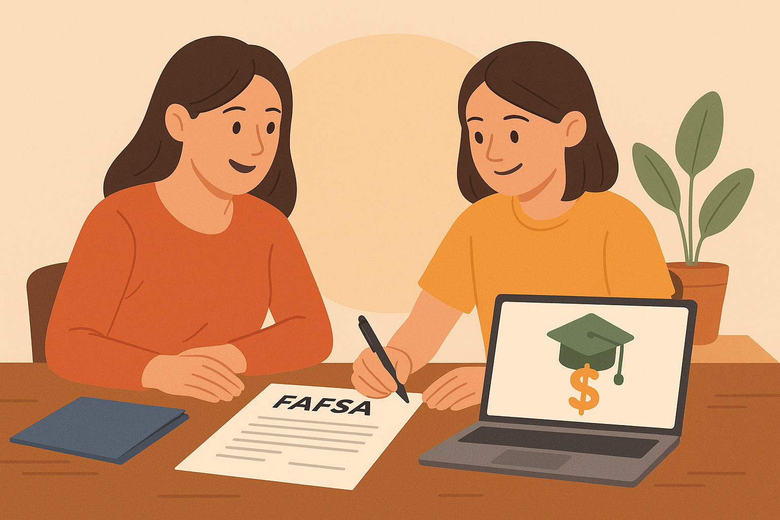 FAFSA 장학금 신청서를 함께 작성하는 엄마와 자녀의 모습
