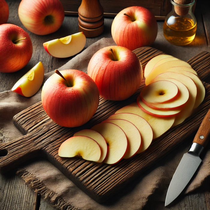 나무 도마 위에 사과와 사과 조각이 놓여 있는 모습.
