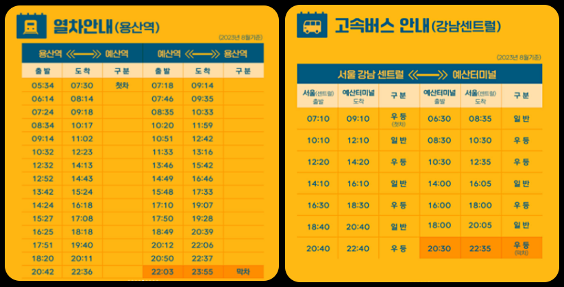 예산역 도착하는 기차, 고속버스 안내표