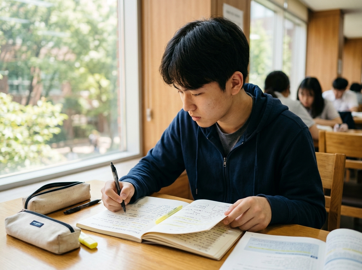 고등 영어 오답노트에 질문 해결 과정을 정리하는 학생