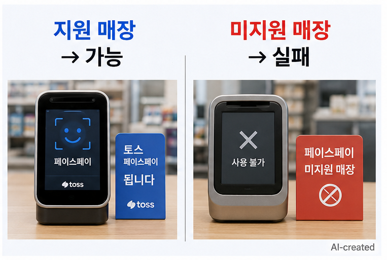 토스 페이스페이 결제방법에서 지원 매장과 미지원 매장을 비교하는 이미지