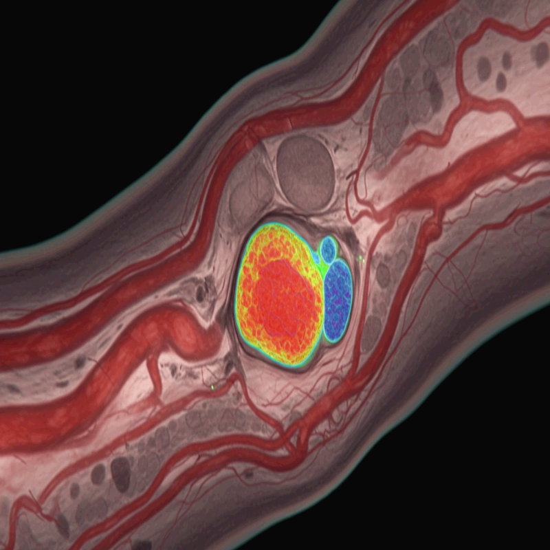 혈관 내부를 촬영한 CT 스캔 이미지로, 동맥 내에 막힘이나 병변이 발생한 부위를 컬러 하이라이트로 표시한 모습입니다. 빨간색과 노란색 영역은 혈류의 압력이나 염증 반응을 나타내며, 주변 파란색·보라색 부분은 조직의 변화를 보여줍니다. 이 이미지는 동맥경화, 혈전, 심혈관 질환 연구 및 진단과 관련된 의학적 참고 자료로 활용될 수 있습니다.