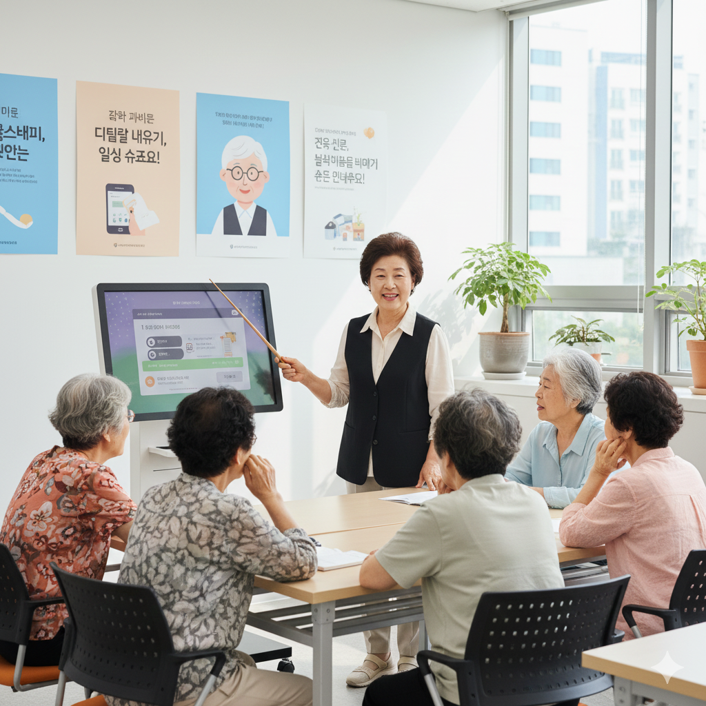 노인 일자리 교육을 하고 있는 노인 강사와 노인 학생들
