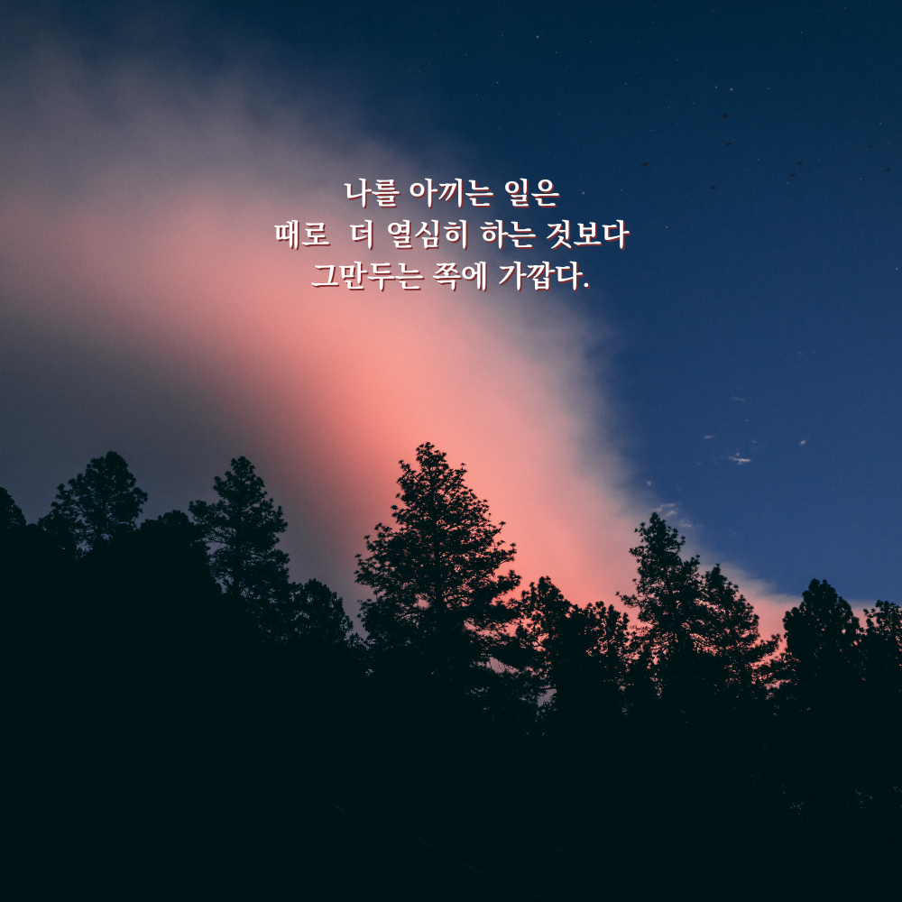 나를 아끼는 일은 때로 더 열심히 하는 것보다 그만두는 쪽에 가깝다. - 감성 글귀 이미지