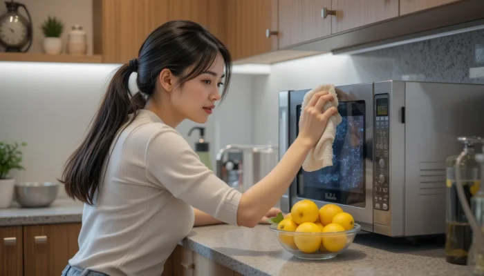 전자레인지 청소와 악취 제거 를 하고 있는 여성
