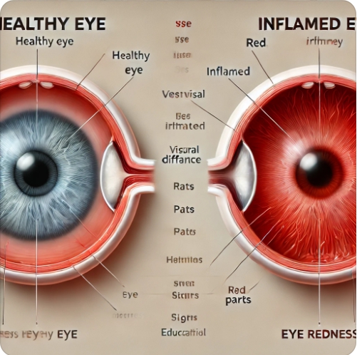 정상 눈 vs. 충혈된 눈 비교 다이어그램
