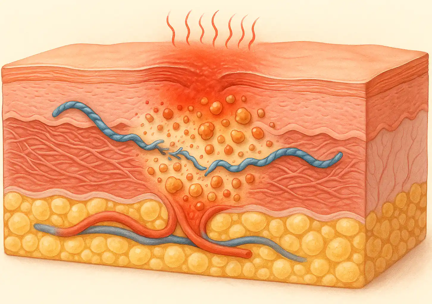 봉합 실이 분해되며 가려움을 유발하는 모습
