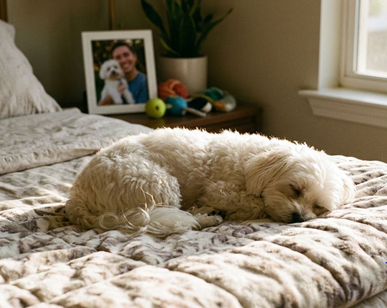 침대 위에서 편안하게 잠을 자고 있는 강아지 모습