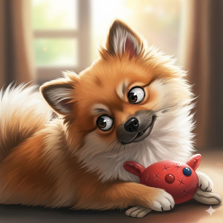 빨간 장난감을 지키며, 고개를 돌린 채 흰자위를 보이는 '고래눈'으로 불편함을 표현하는 포메라니안