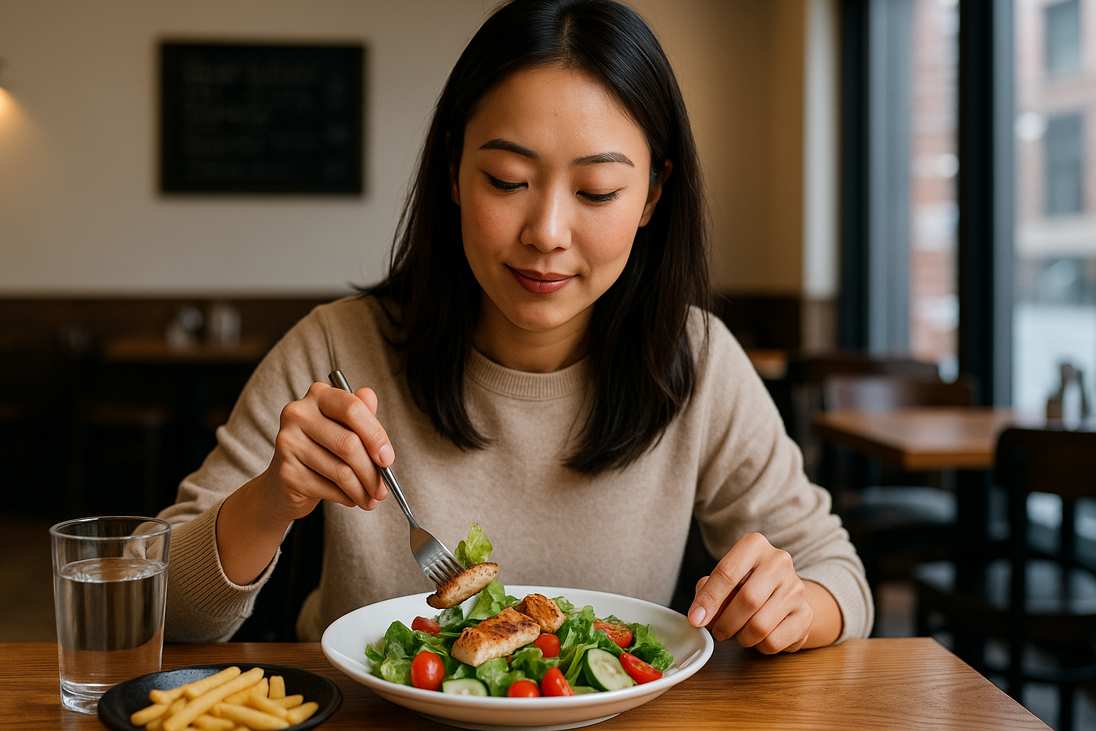 레스토랑에서 샐러드와 구운 치킨을 즐기며 건강한 한 끼를 먹는 젊은 여성의 모습