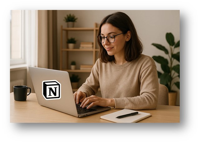 노션 앱을 사용하면서 효율적인 업무를 집에서 하고 있는 프리랜서의 모습