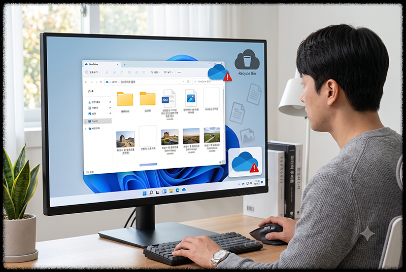 윈도우 11 OneDrive 동기화 폴더에서 문서와 사진 파일이 사라진 모습