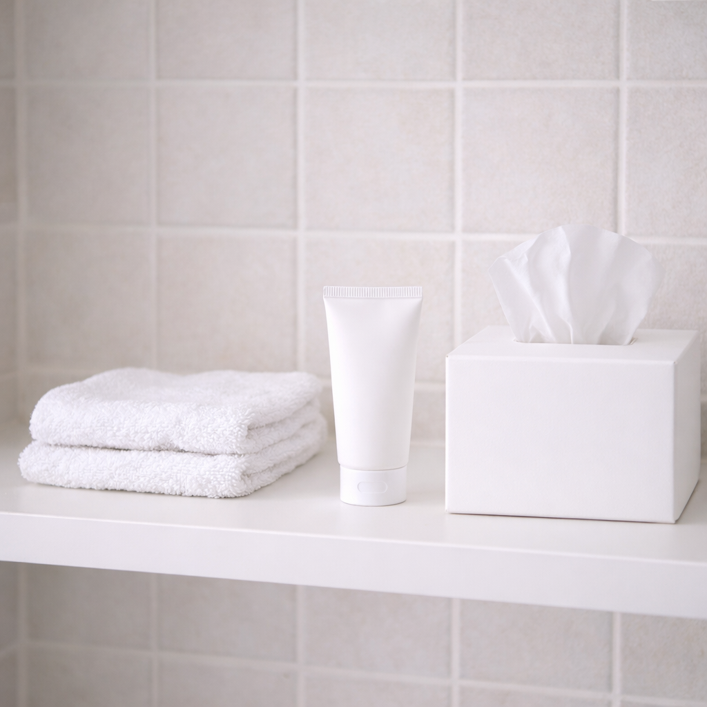 크론병에서 나타날 수 있는 항문 주위 불편을 간접적으로 상징한 정물 이미지