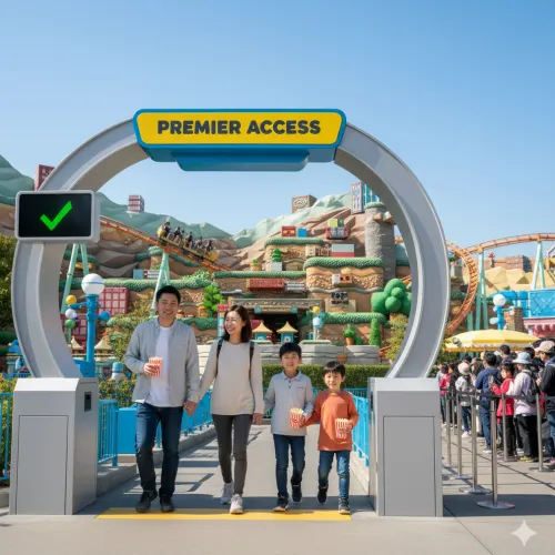 쾌적한 어트랙션 즐기는 가족, 줄 없는 테마파크 여행, Family enjoying rides no lines