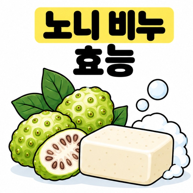 노니 열매와 비누 그림 옆에 노니 비누 효능 제목을 크게 배치한 카드