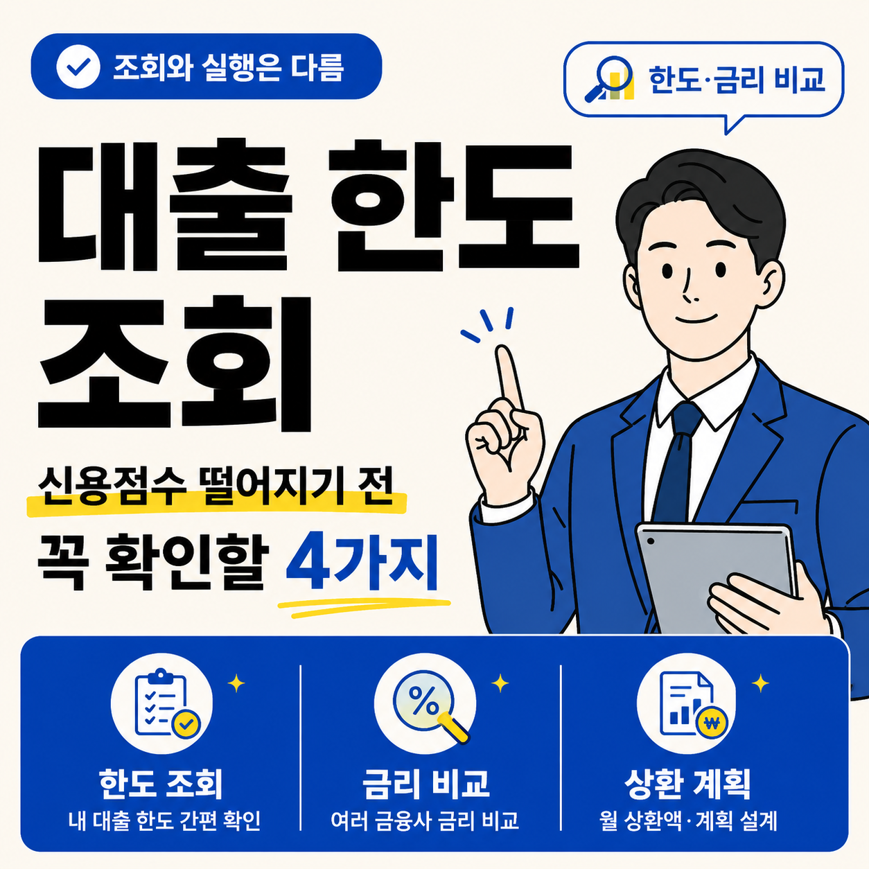 대출 한도 조회 전 신용점수 영향 여부, 한도 조회, 금리 비교, 상환 계획을 확인해야 한다는 내용을 정리한 금융 정보 썸네일 이미지