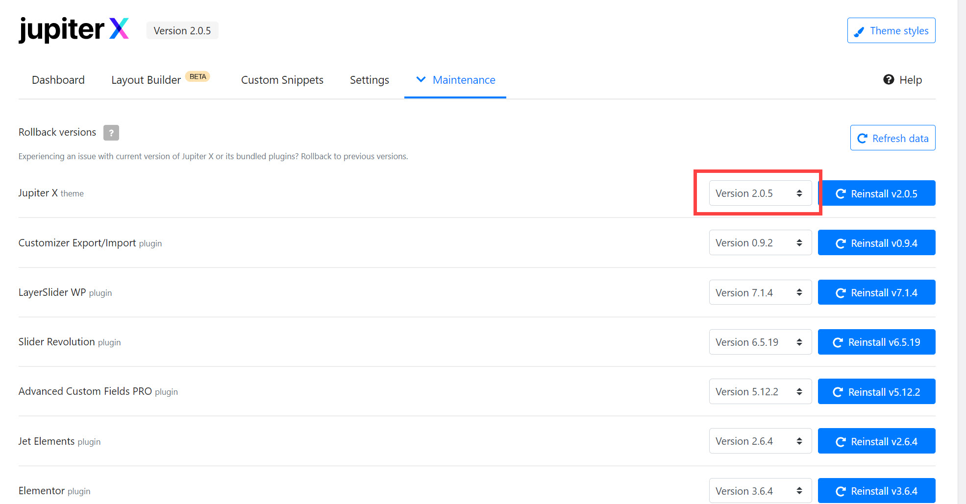 워드프레스 주피터 (Jupiter X) 테마 버전 다운그레이드 완료