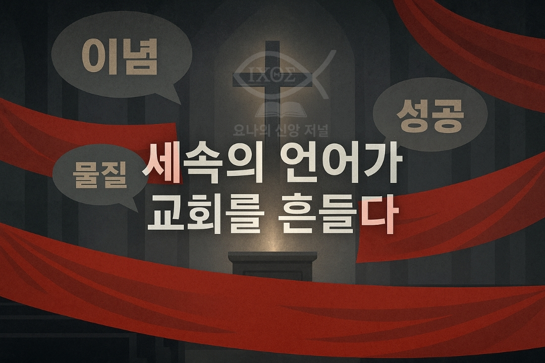 [이념의 언어가 교회를 흔들다 ②] 세속의 언어와 물질적 가치가 교회의 본질을 침해하는 현실을 폭로하며 오직 복음의 통치를 선포한다. 하나님 나라의 가치를 대신하려는 세상의 유혹을 나타낸다. 요나의 신앙 저널