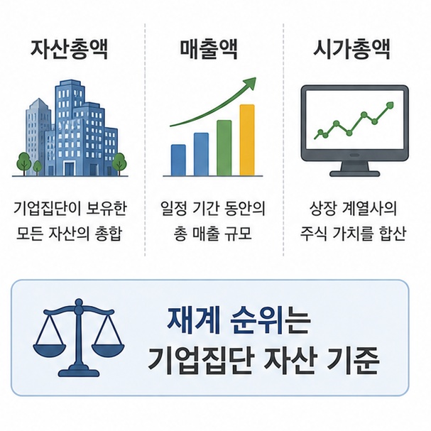 재계 순위의 자산총액 기준과 매출액, 시가총액 기준이 서로 다른 개념임을 비교하는 그림