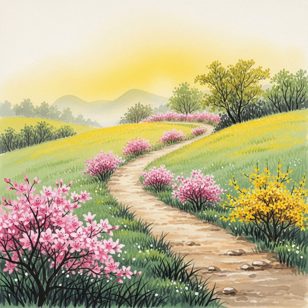 꽃이 만발한 완만한 언덕길