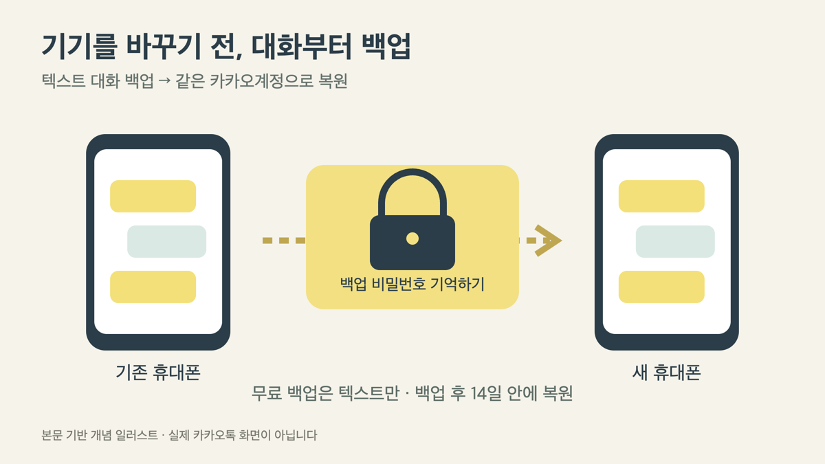 기존 휴대폰의 텍스트 대화를 백업하고 같은 카카오계정으로 복원하는 개념 일러스트. 실제 앱 화면이 아닙니다.