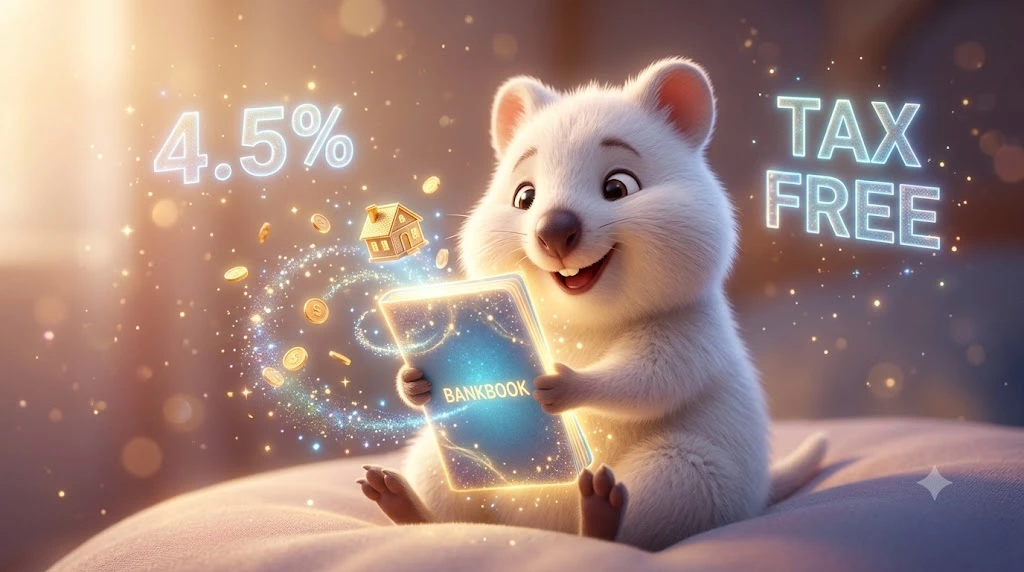 청년 주택드림 청약통장의 최대 연 4.5% 고금리와 500만 원 비과세 혜택을 상징하는 이미지. 무주택 청년들이 압도적인 혜택을 누리며 내 집 마련의 꿈을 키우는 과정을 백쿼카 캐릭터를 통해 직관적으로 표현했습니다.