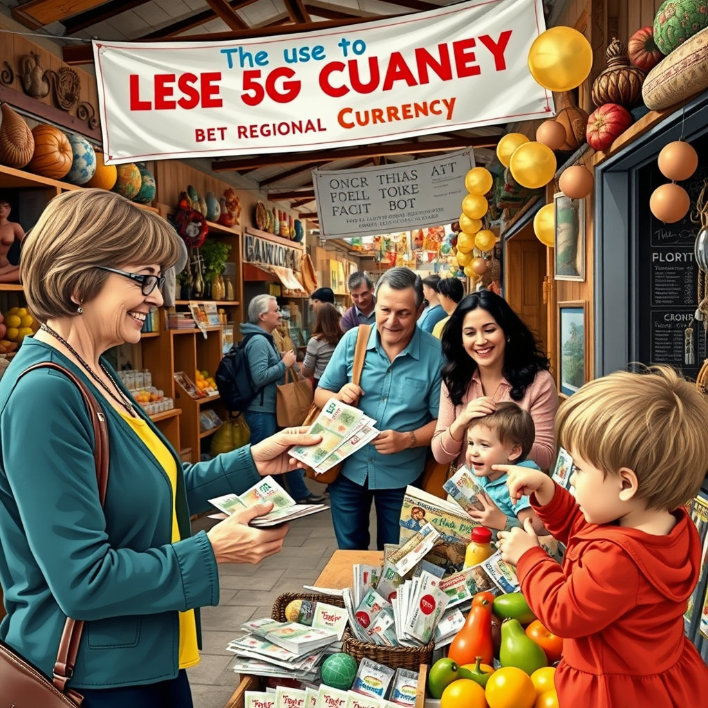 시민들이 지역화폐를 사용하여 지역 상점에서 물건을 구매하는 장면.
