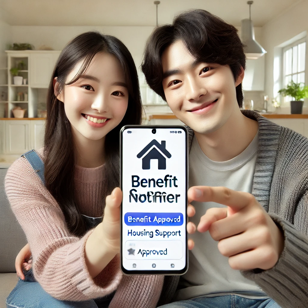 한국인 젊은 부부가 &amp;#39;Housing Support Approved&amp;#39; 메시지를 보는 모습