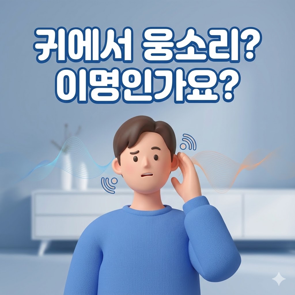 귀에서 웅소리가 나는 것에 대해 걱정하는 젊은 사람의 3D 카툰 일러스트. '귀에서 웅소리? 이명인가요?' 문구가 강조되어 있음.