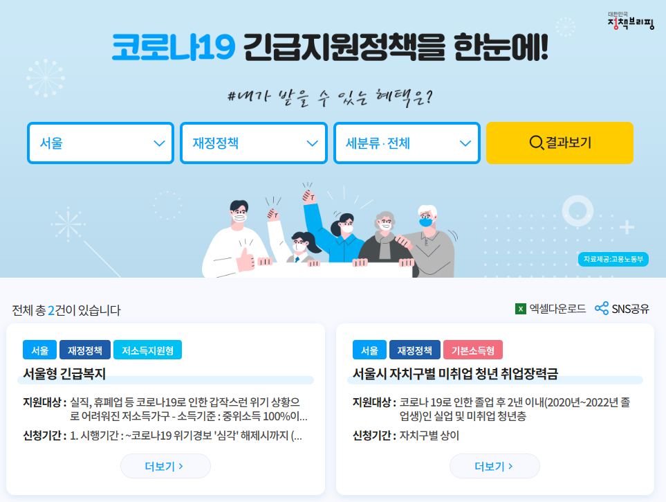 코로나 긴급지원정책 확인화면