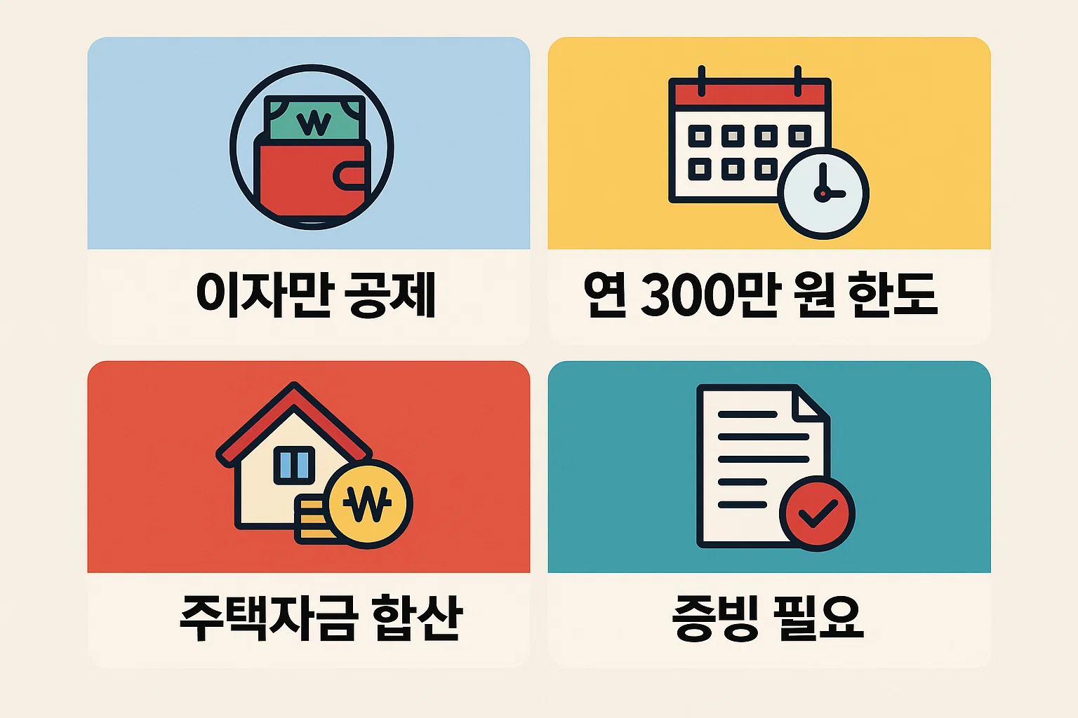 연말정산 전세자금대출 공제에서 자주 발생하는 이자만 공제 가능 사항, 연 300만원 한도 기준, 주택자금 합산 규정, 증빙 제출 필요성 등 누락 사례를 방지하기 위한 필수 확인 정보를 시각적으로 정리한 안내 이미지입니다