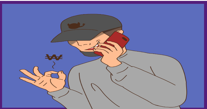 전화로 금전을 요구하며 손가락으로 돈을 의미하는 제스처를 하는 모자 쓴 사기꾼의 모습