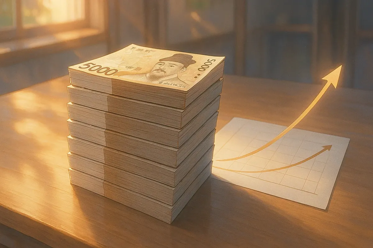 5천원 지폐가 차곡차곡 쌓여가는 모습과 성장 그래프가 함께 보이는 희망적인 이미지