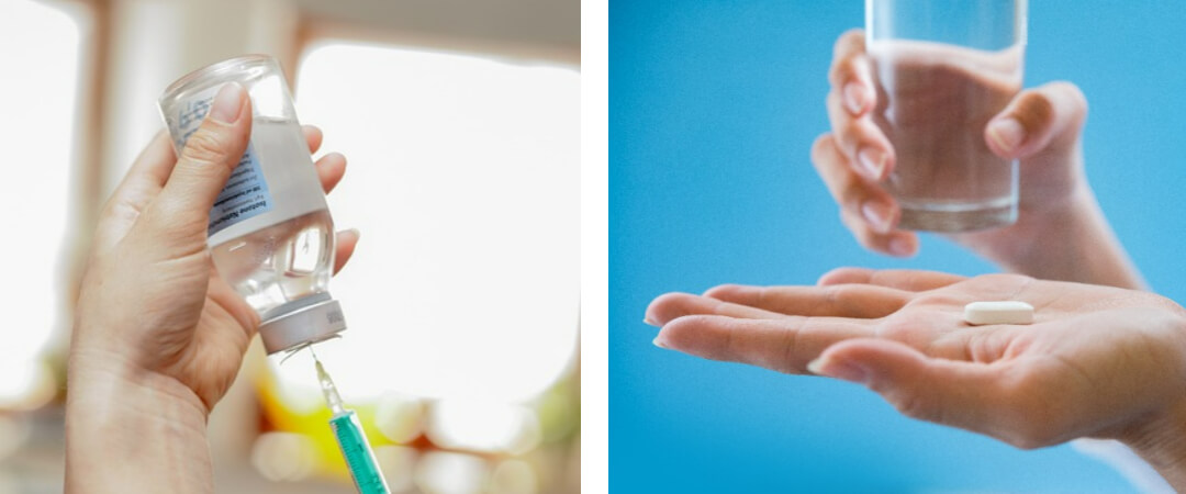 주사기로 약물을 빨아들이는 모습, 손위에 태블릿 알약을 올려놓은 사진
