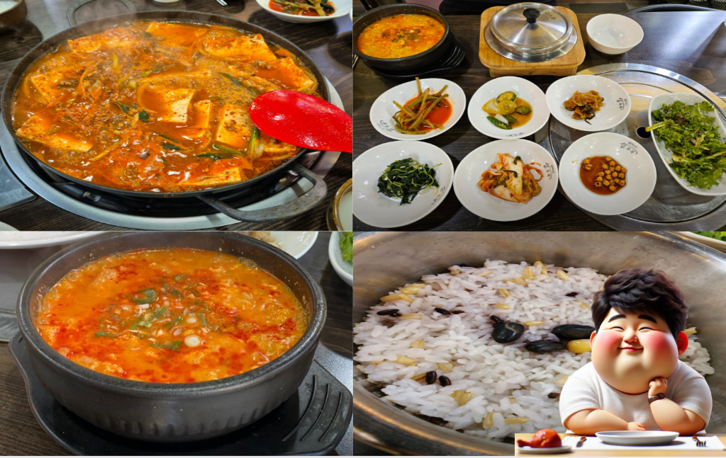 두부전골과-순두부,-기본-반찬들과-돌솥밥