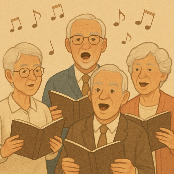 네 명의 노인이 합창단을 이루어 노래를 부르는 모습