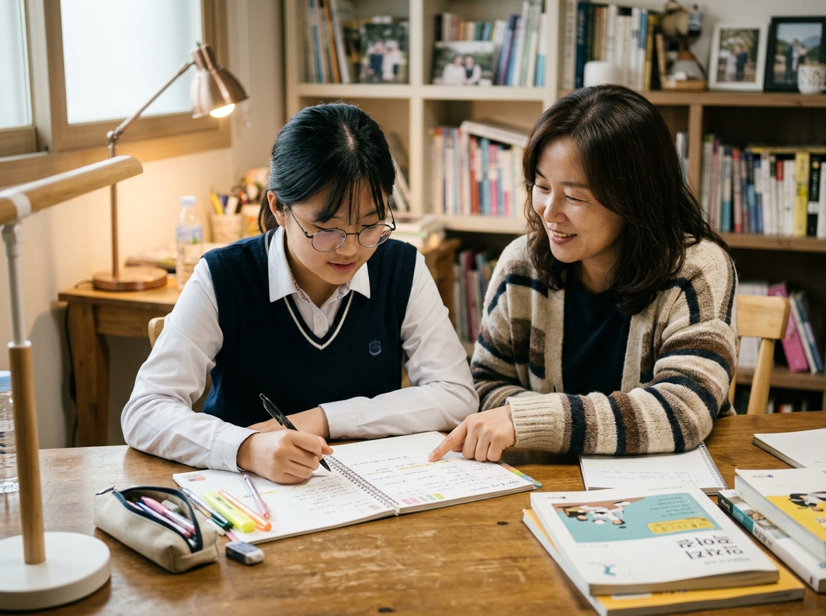 스터디 플래너를 작성하며 학습 계획을 세우는 학생과 부모