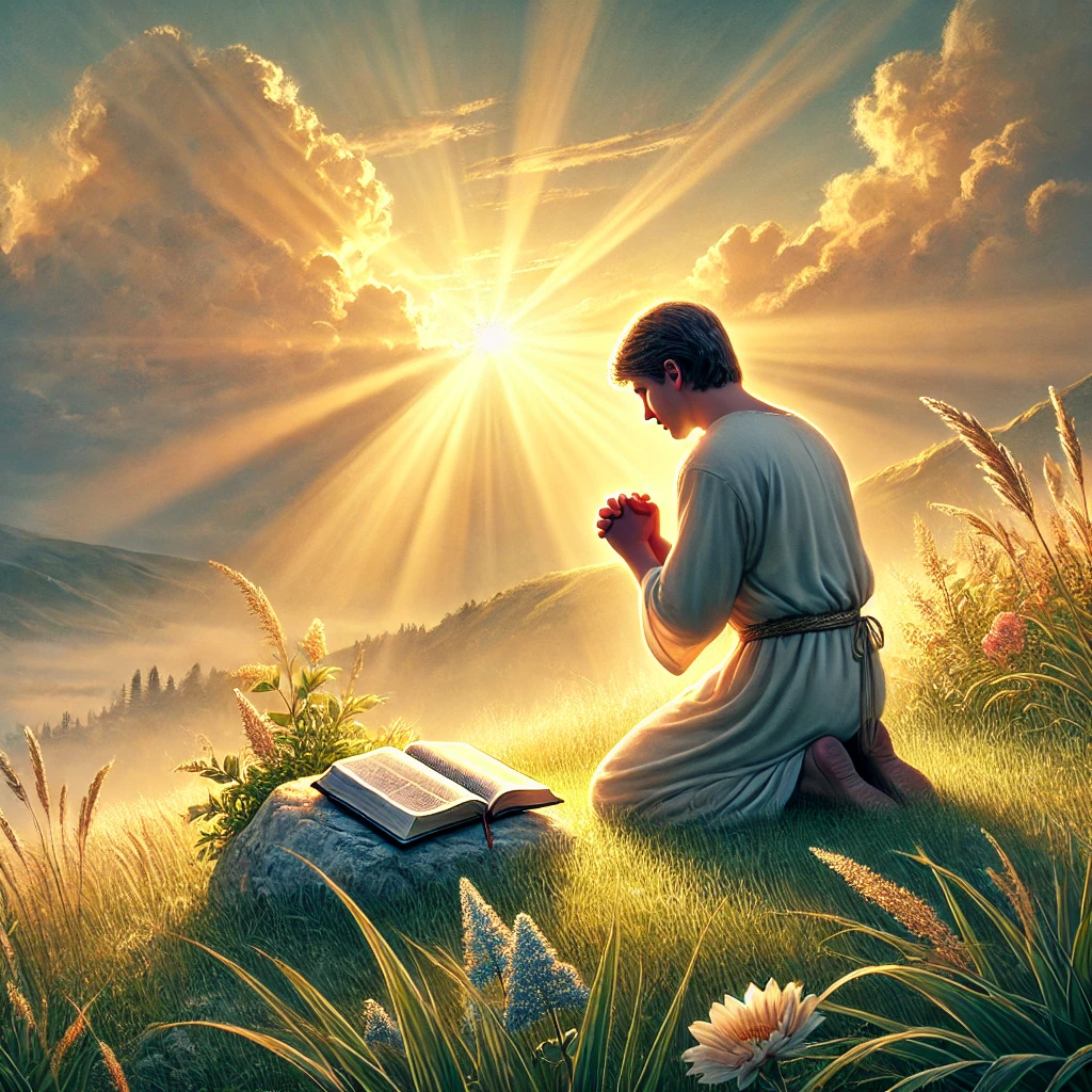 Here is the depiction of a person in prayer, reflecting God's grace and the victory found in His blessings.