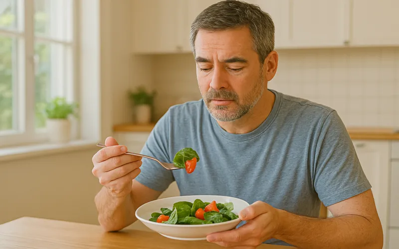 시금치와 토마토 샐러드를 식사하는 중년 남성의 모습