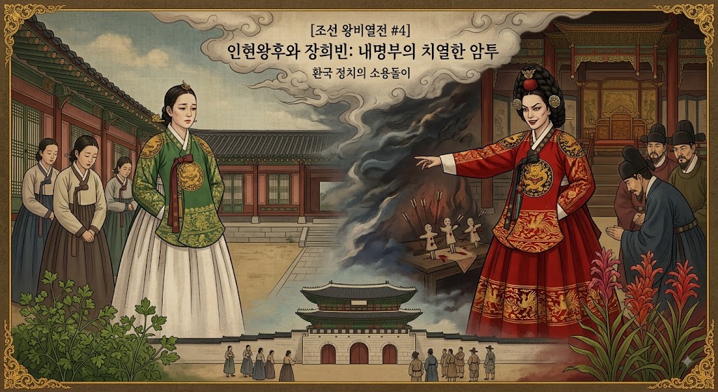 조선 숙종 비 인현왕후 민씨와 희빈 장씨 옥정 초상화 (AI로 재현 이미지)